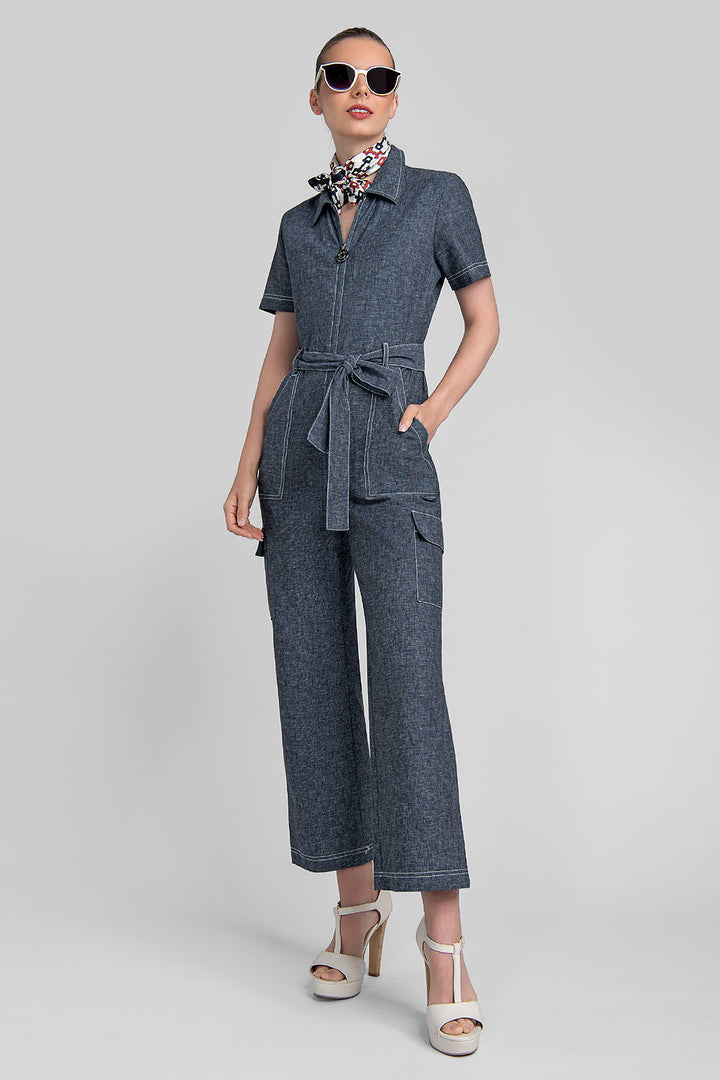 Jumpsuit De Mezclilla Con Manga Corta Y Jareta En Cintura