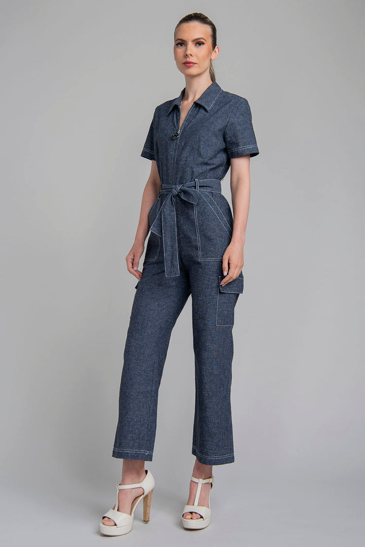 Jumpsuit De Mezclilla Con Manga Corta Y Jareta En Cintura