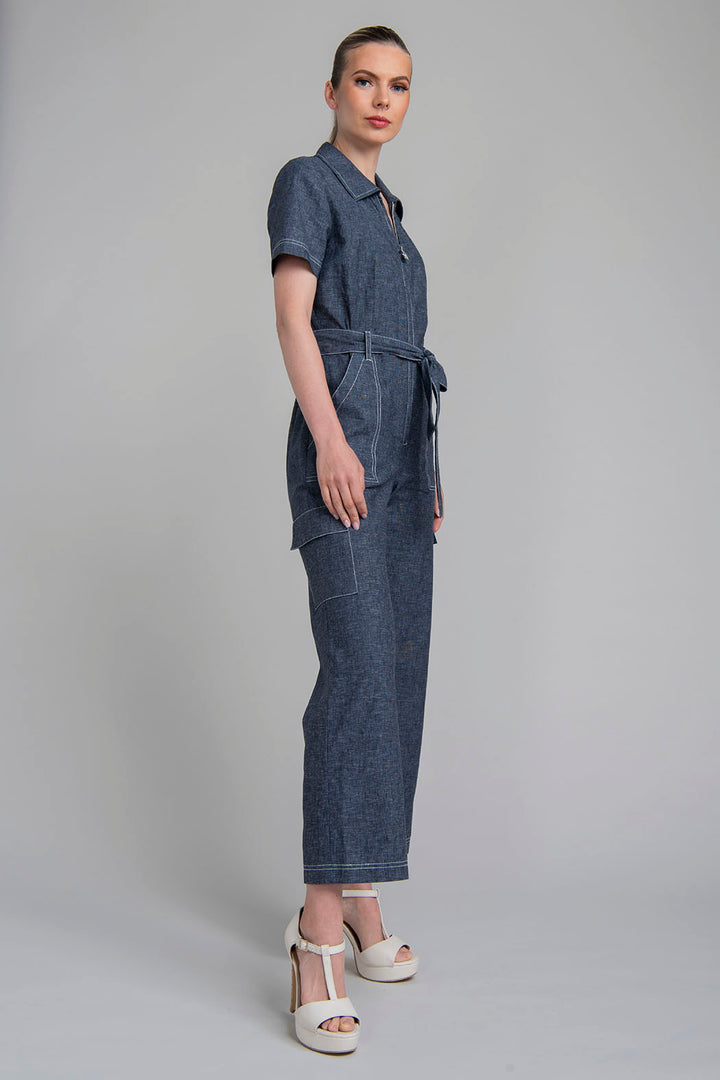 Jumpsuit De Mezclilla Con Manga Corta Y Jareta En Cintura