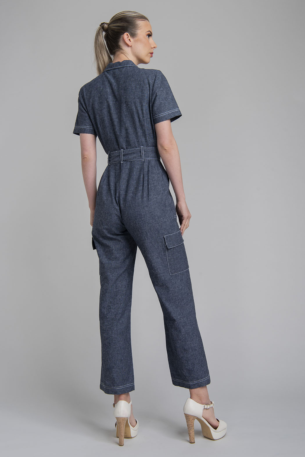 Jumpsuit De Mezclilla Con Manga Corta Y Jareta En Cintura