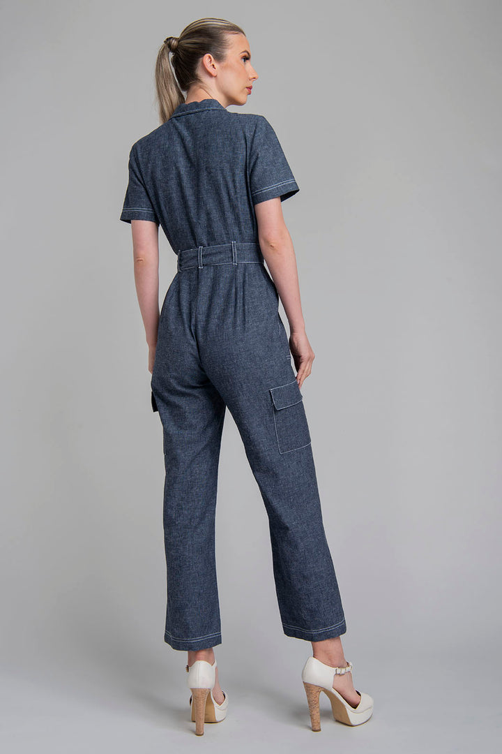 Jumpsuit De Mezclilla Con Manga Corta Y Jareta En Cintura