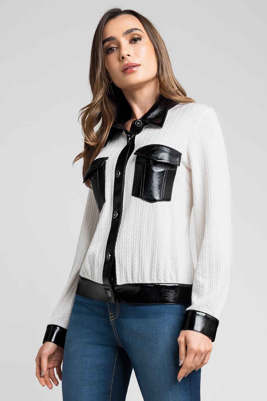 Chaqueta De Punto Con Detalles En Efecto Cuero Bicolor