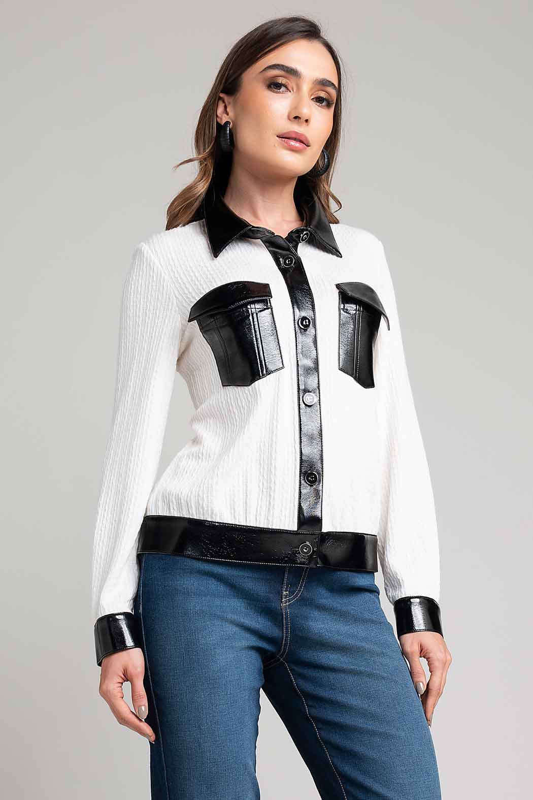 Chaqueta De Punto Con Detalles En Efecto Cuero Bicolor