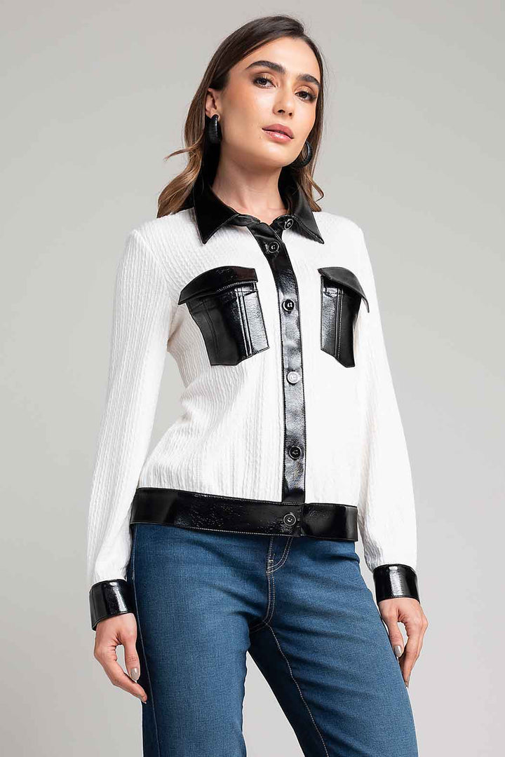Chaqueta De Punto Con Detalles En Efecto Cuero Bicolor