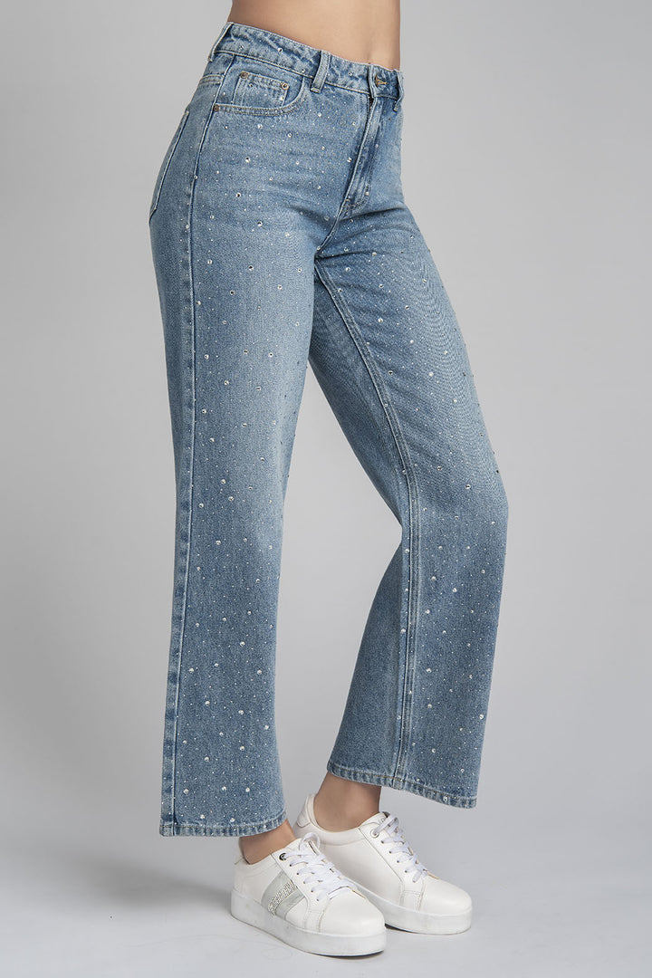 Jeans Corte Recto Con Brillos