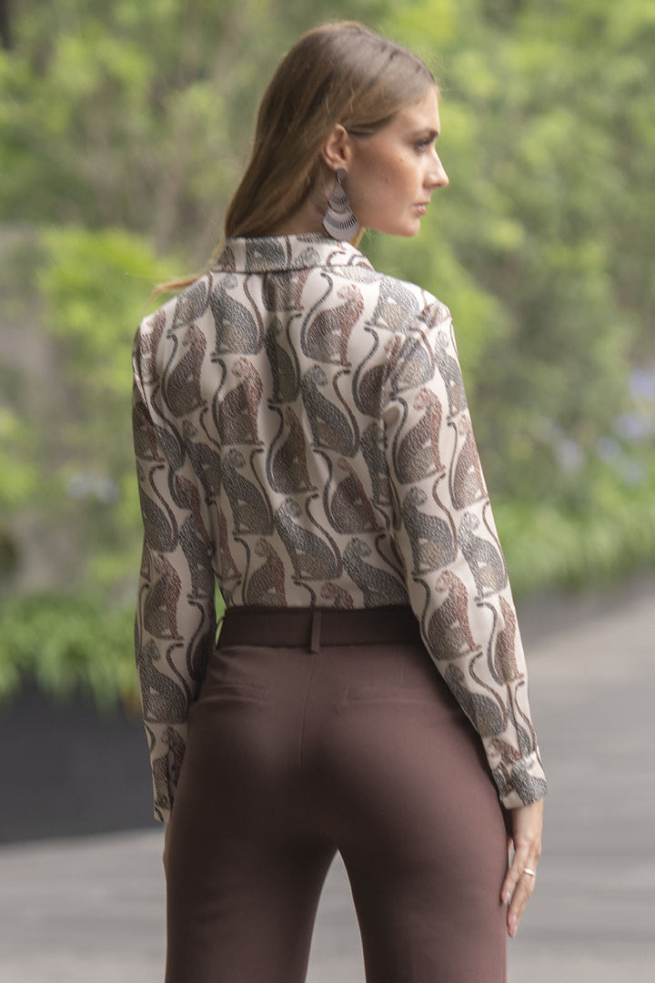 Blusa Camisera De Satin Manga Larga Con Estampado De Leopardos