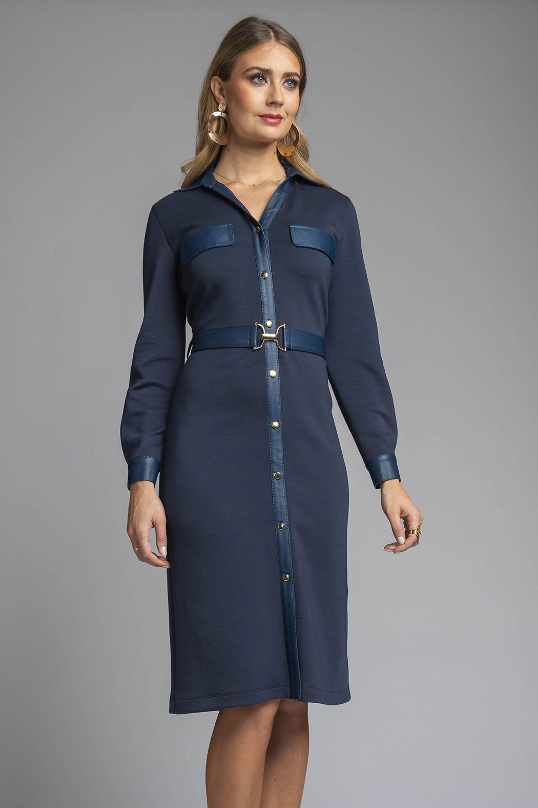 Vestido Liso Camisero Con Cinturon