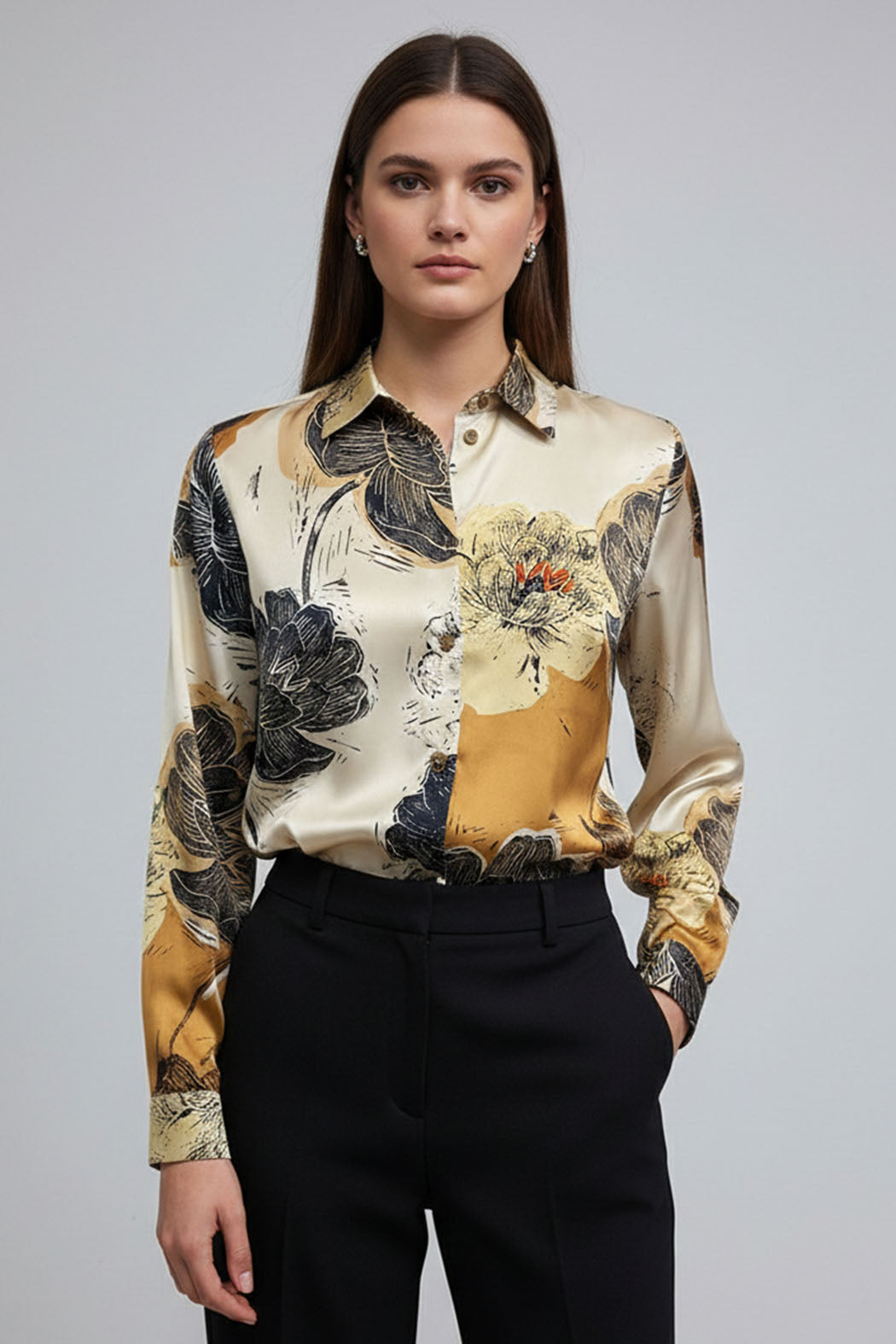 Blusa De Satin Con Estampado De Flores