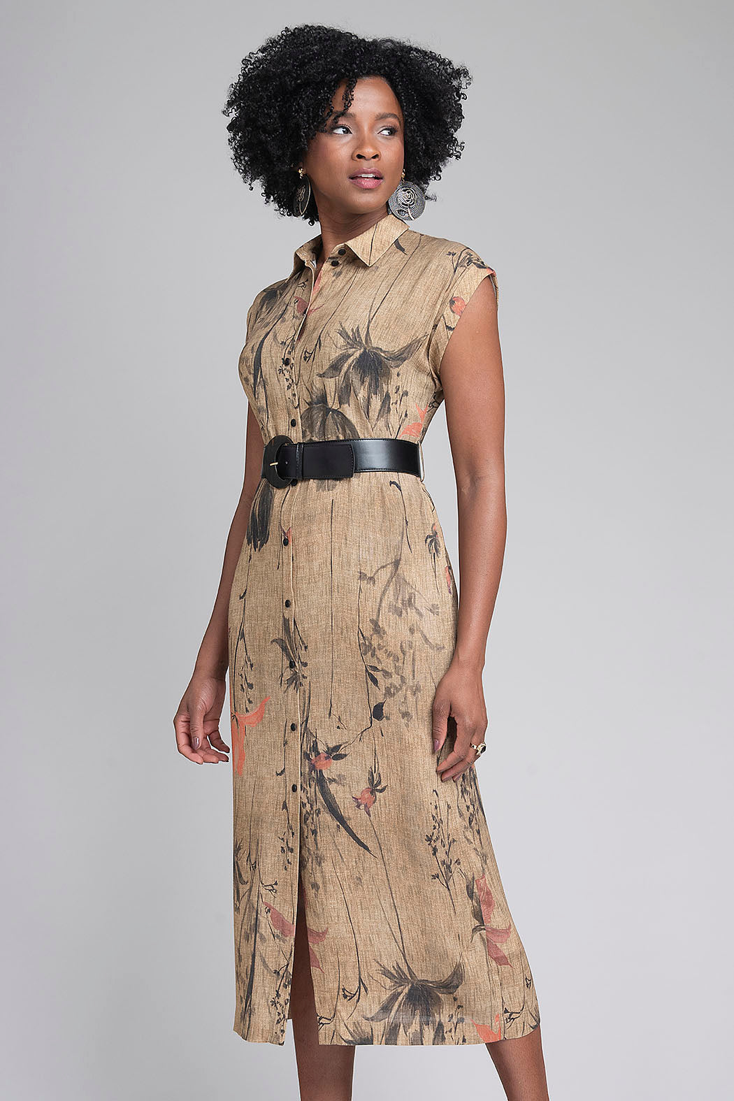 Vestido Largo Estampado Con Cinturon