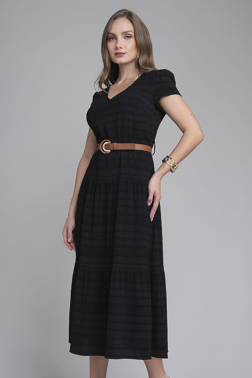 Vestido Largo Liso Con Cinturon