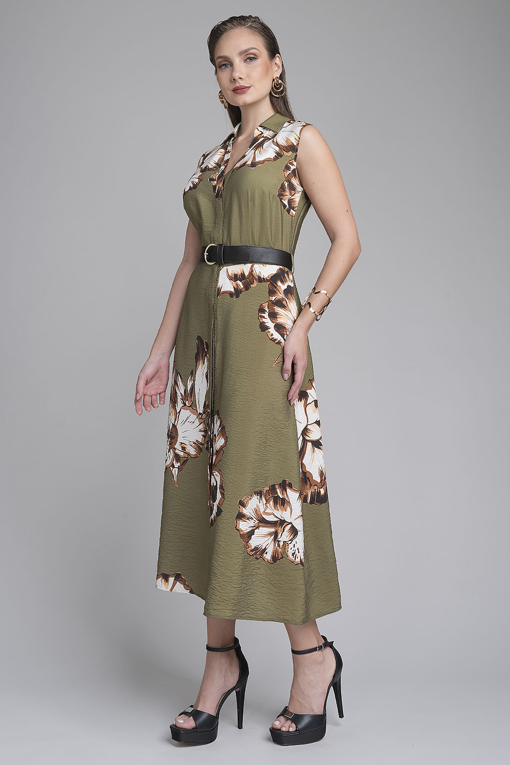 Vestido Largo Estampado Con Cinturon