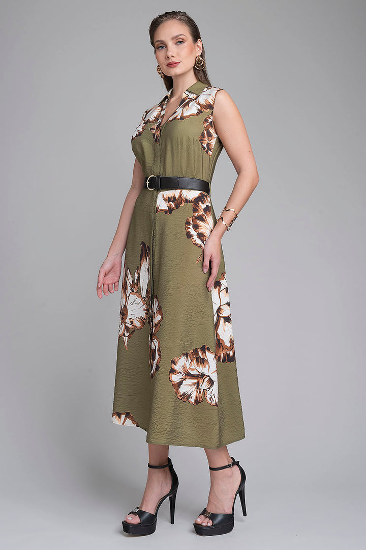 Vestido Largo Estampado Con Cinturon