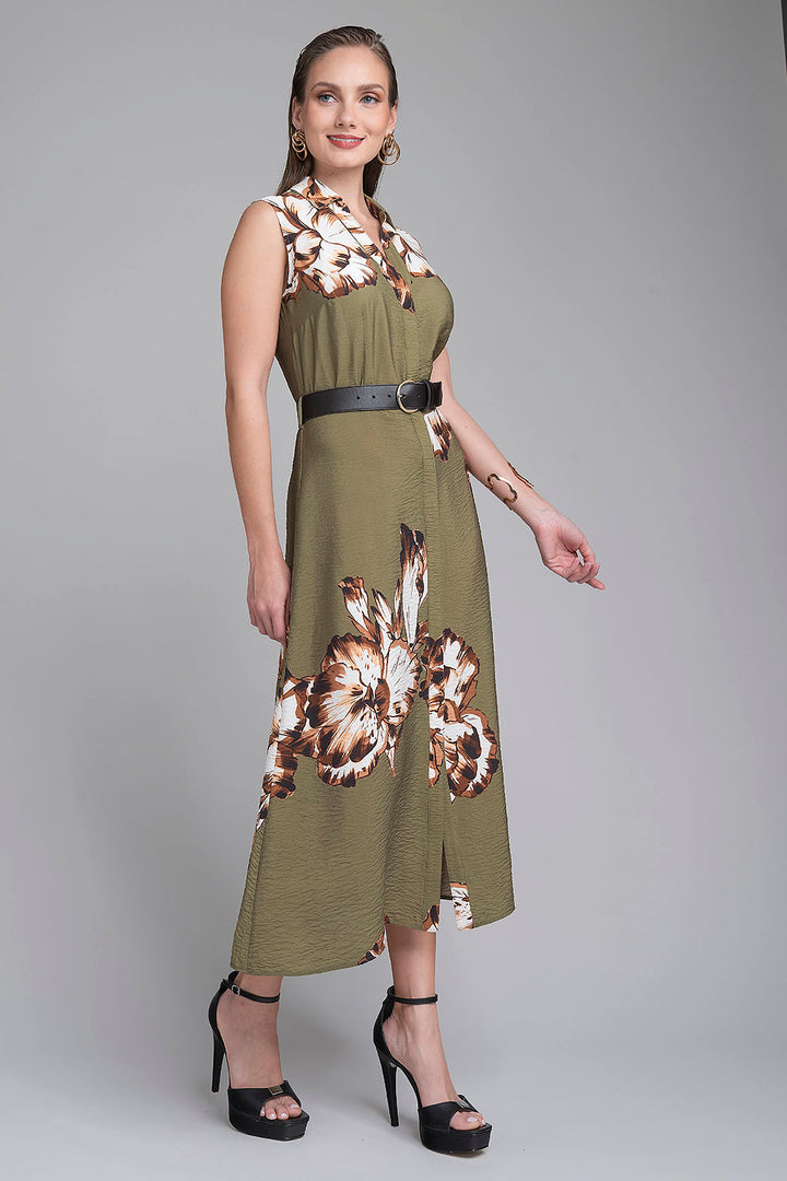 Vestido Largo Estampado Con Cinturon