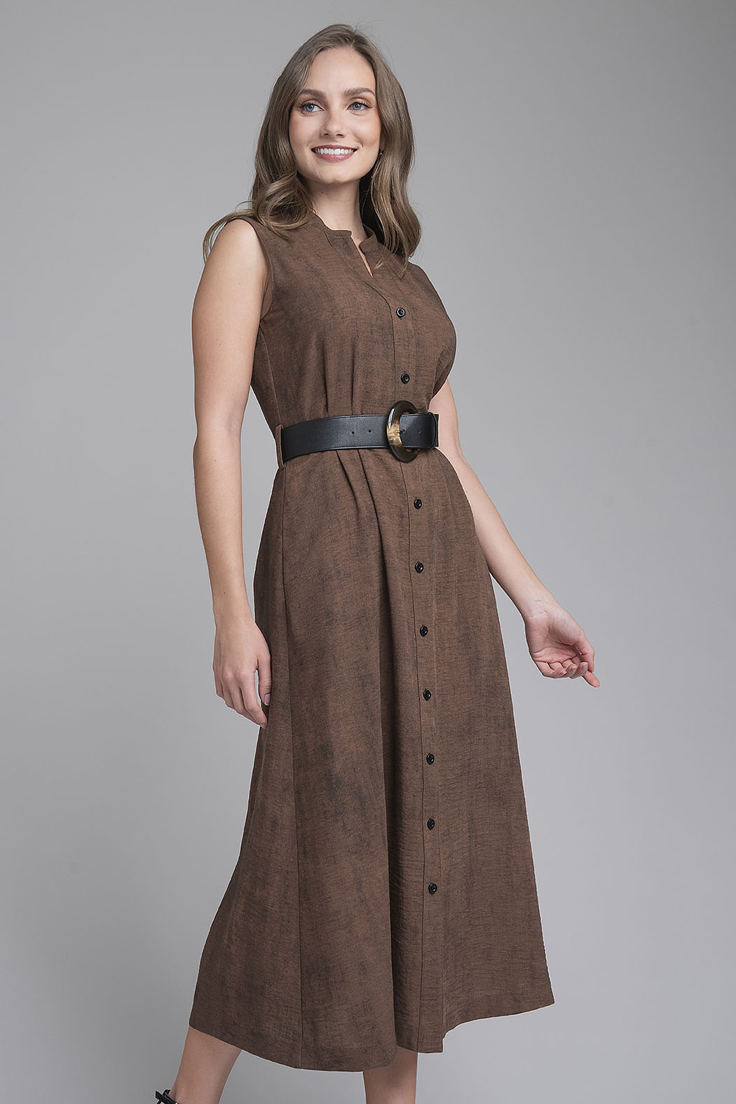 Vestido Largo Jaspeado Con Cinturon