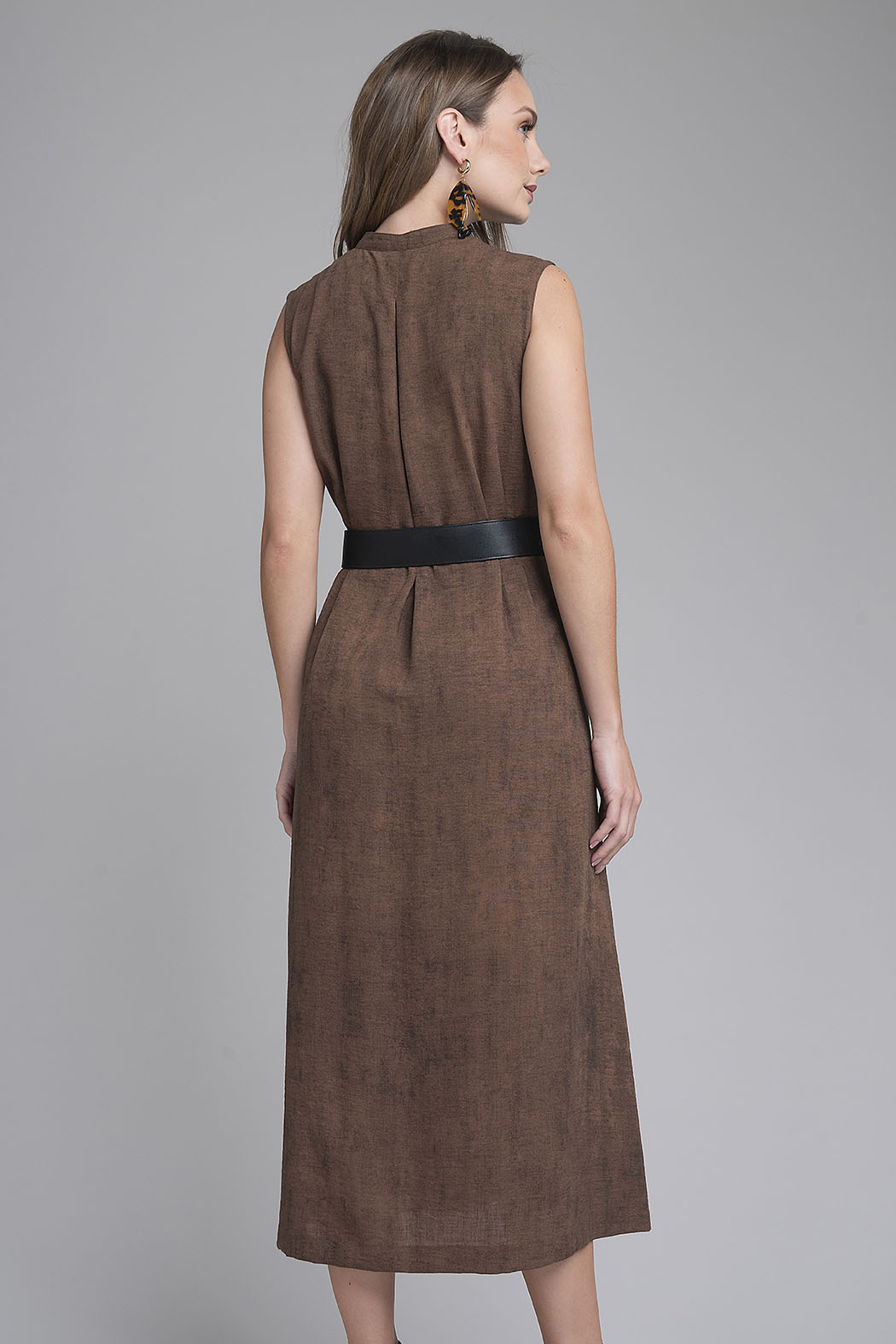 Vestido Largo Jaspeado Con Cinturon