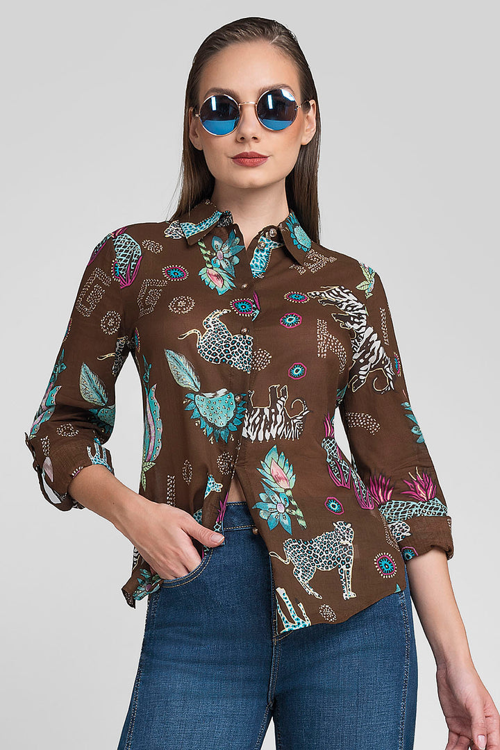 Blusa Camisera Estampada Mangas 3/4