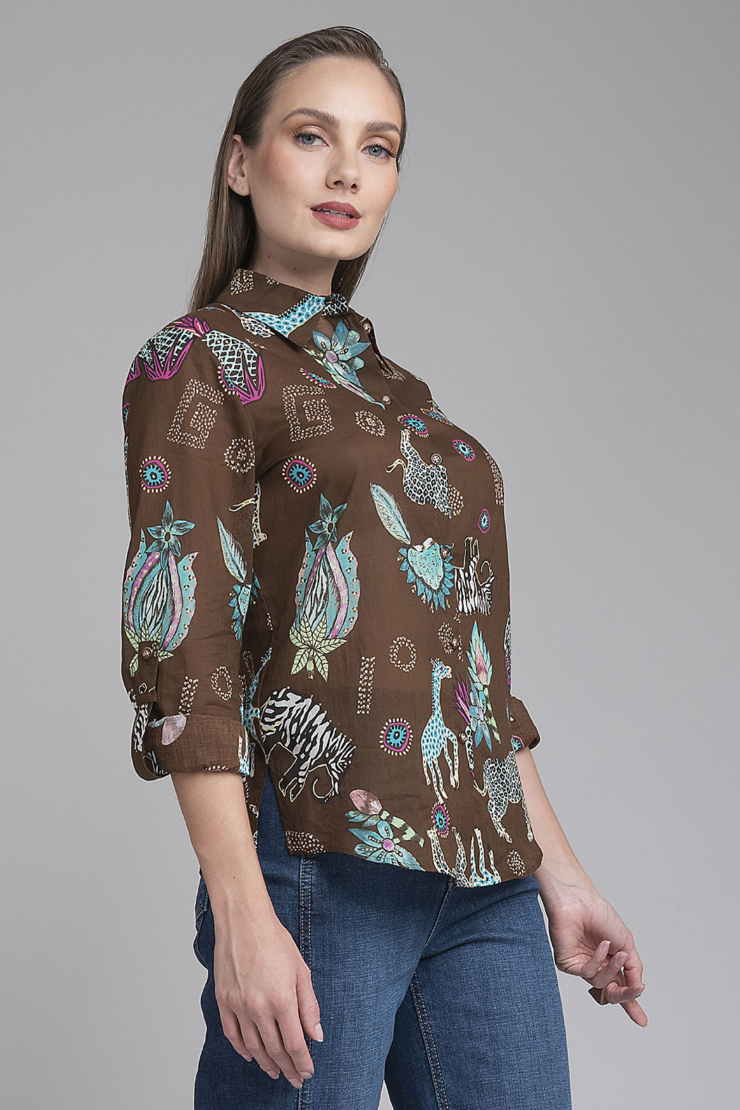 Blusa Camisera Estampada Mangas 3/4