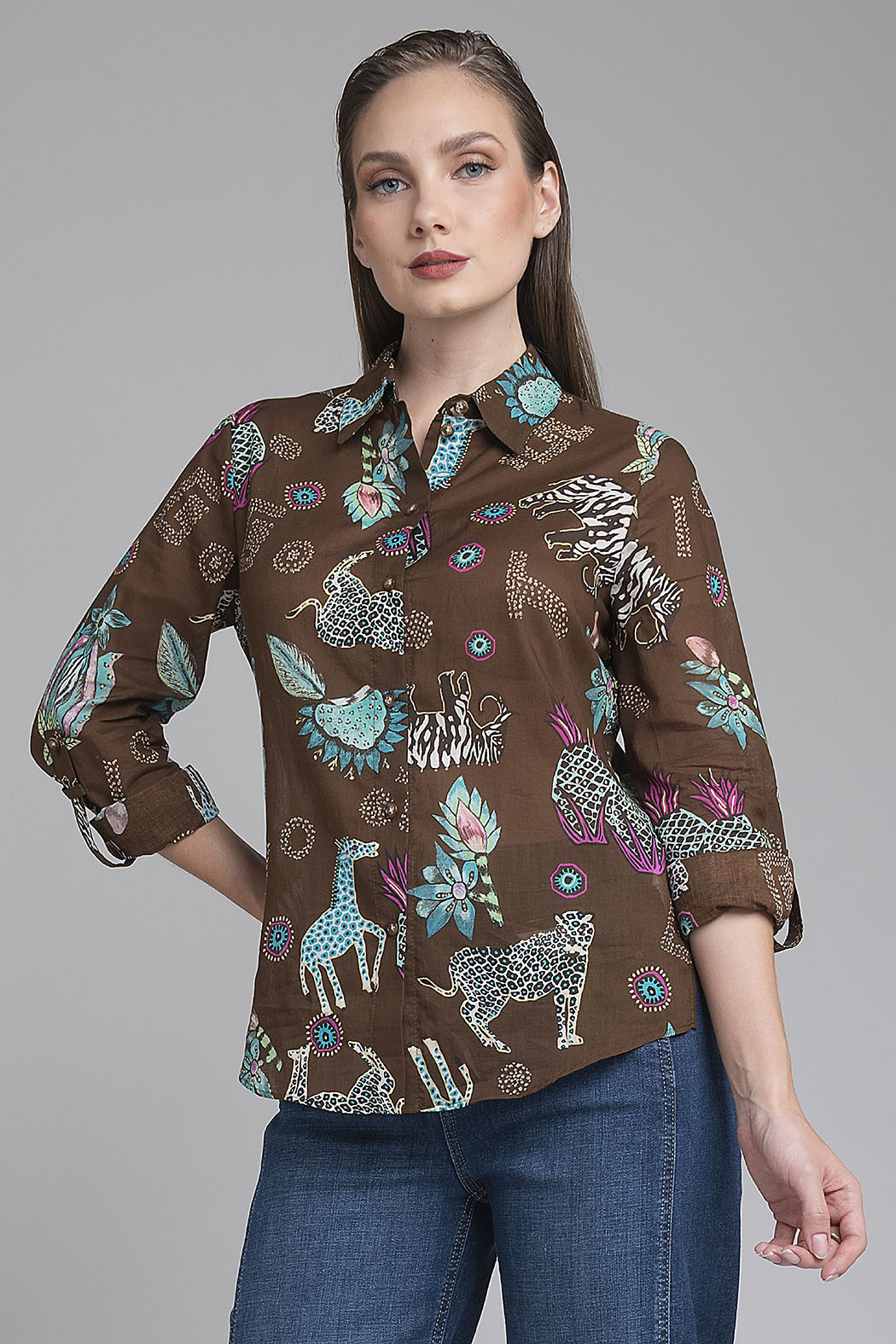 Blusa Camisera Estampada Mangas 3/4