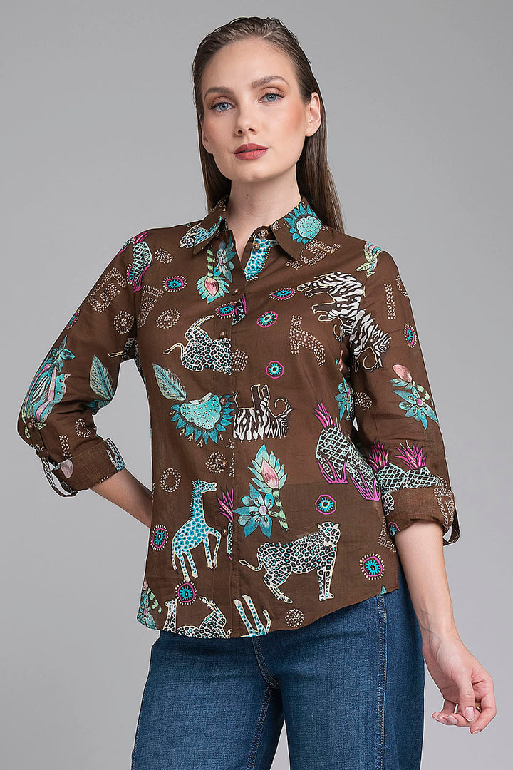 Blusa Camisera Estampada Mangas 3/4