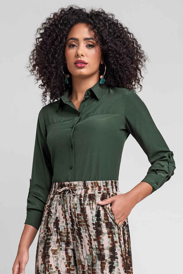 Blusa Camisera De Satin Con Manga Larga