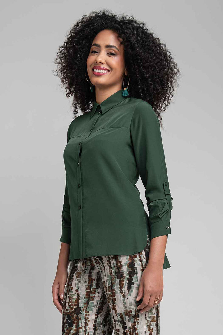 Blusa Camisera De Satin Con Manga Larga