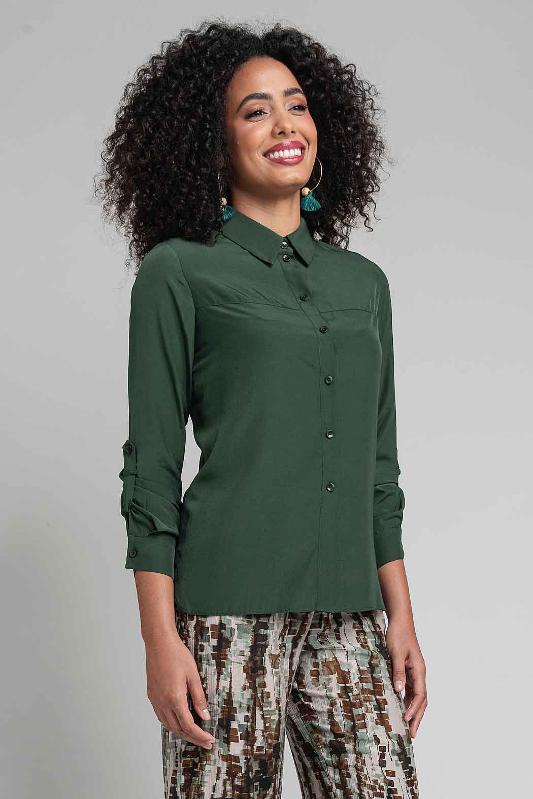 Blusa Camisera De Satin Con Manga Larga