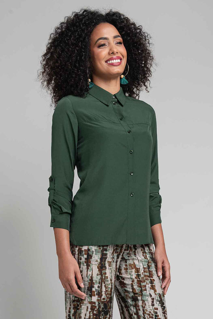 Blusa Camisera De Satin Con Manga Larga