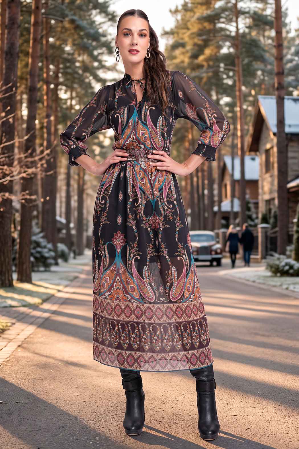 Vestido Bohemio Con Manga Larga