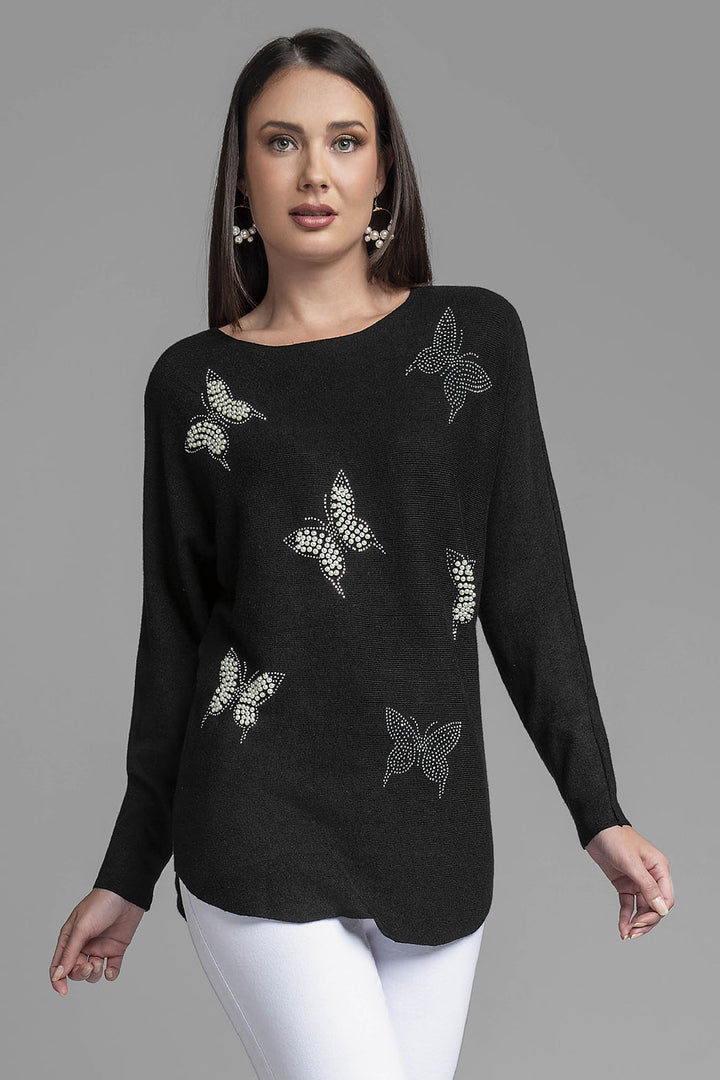 Sueter De Punto Con Detalles De Mariposas Con Pedreria Y Perlas Al Frente