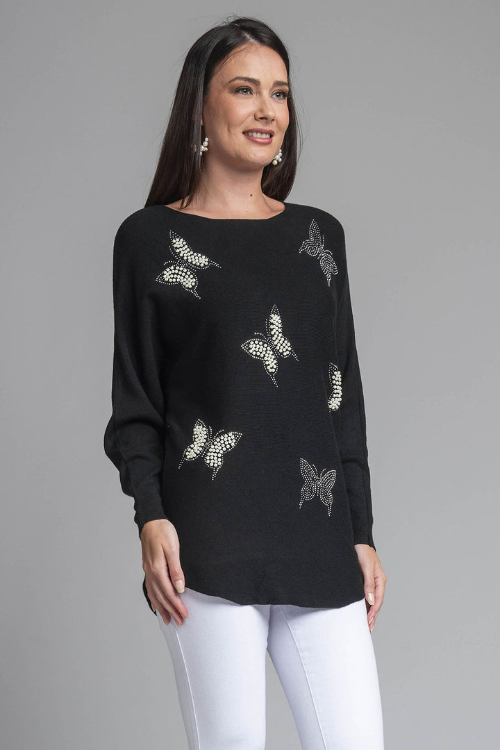 Sueter De Punto Con Detalles De Mariposas Con Pedreria Y Perlas Al Frente