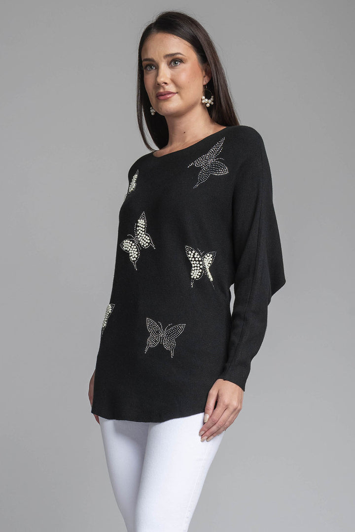 Sueter De Punto Con Detalles De Mariposas Con Pedreria Y Perlas Al Frente
