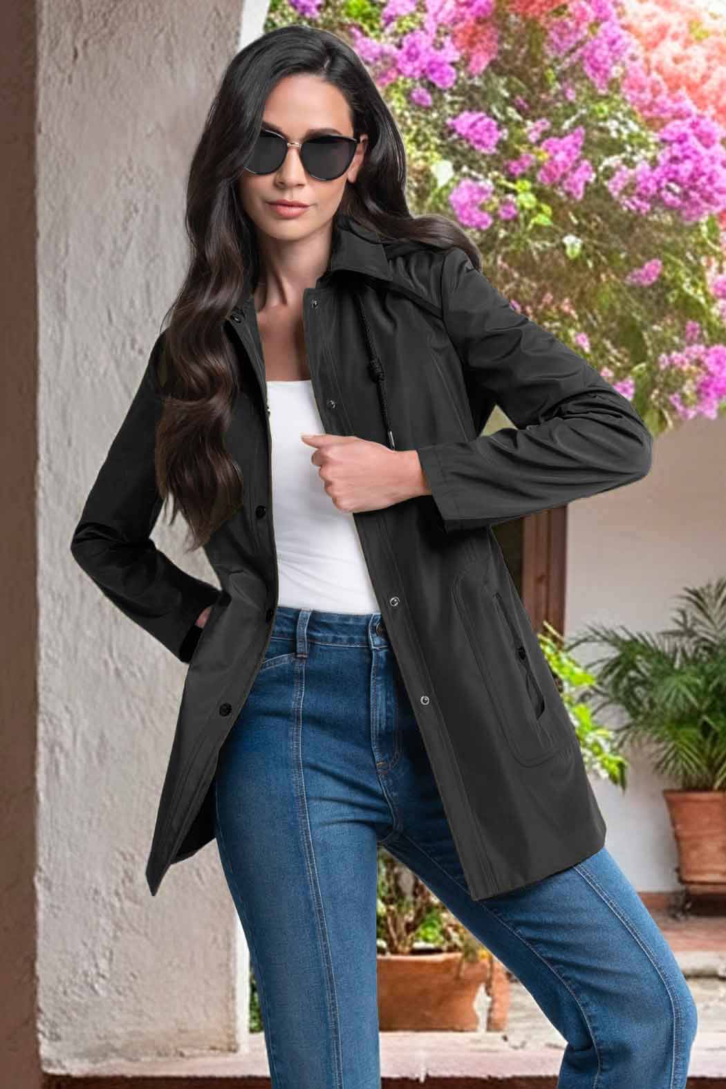 Gabardina Con Capucha Y Broches Al Frente