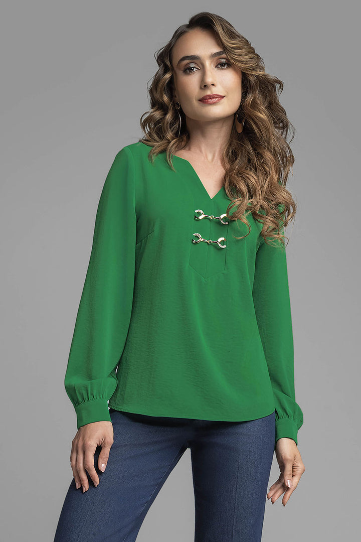 Blusa Manga Larga Con Detalle De Broches Al Frente