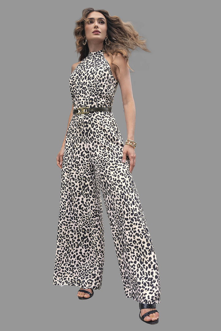 Jumpsuit Cuello Halter Estampado De Animal Print Y Cinturon