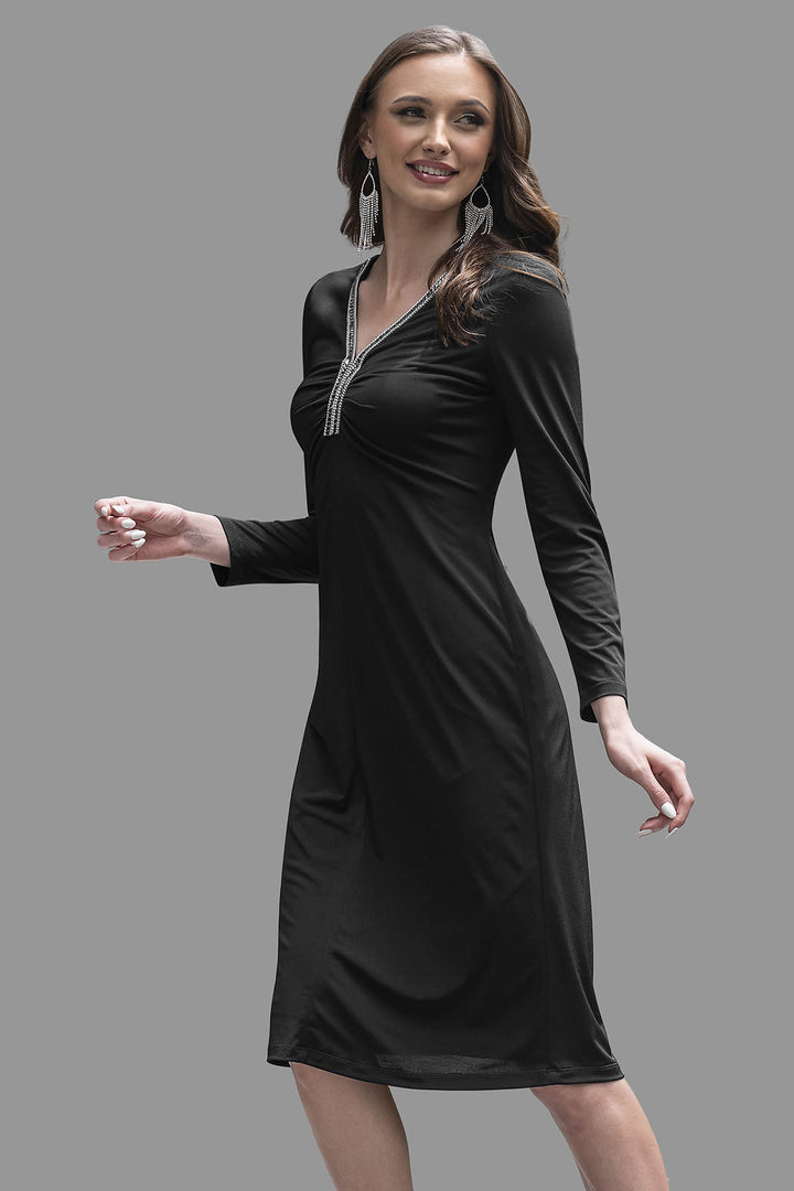 Vestido Manga Larga Con Detalle De Pedreria En Cuello