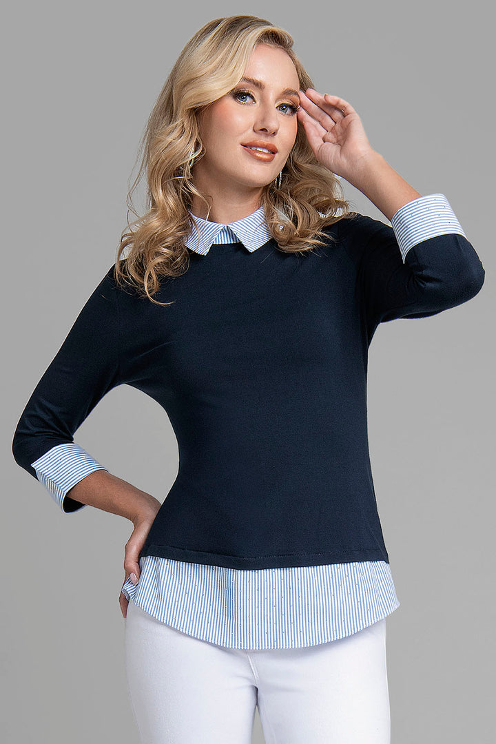 Blusa Con Brillos En Cuello, Puños Y Bajo