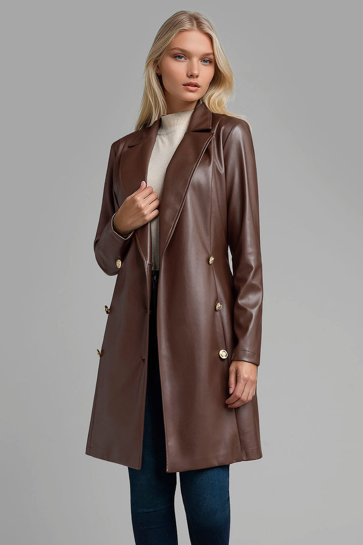 Gabardina De Piel Con Botones Cruzados