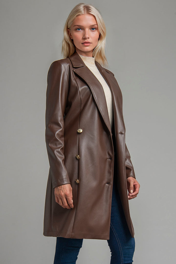 Gabardina De Piel Con Botones Cruzados