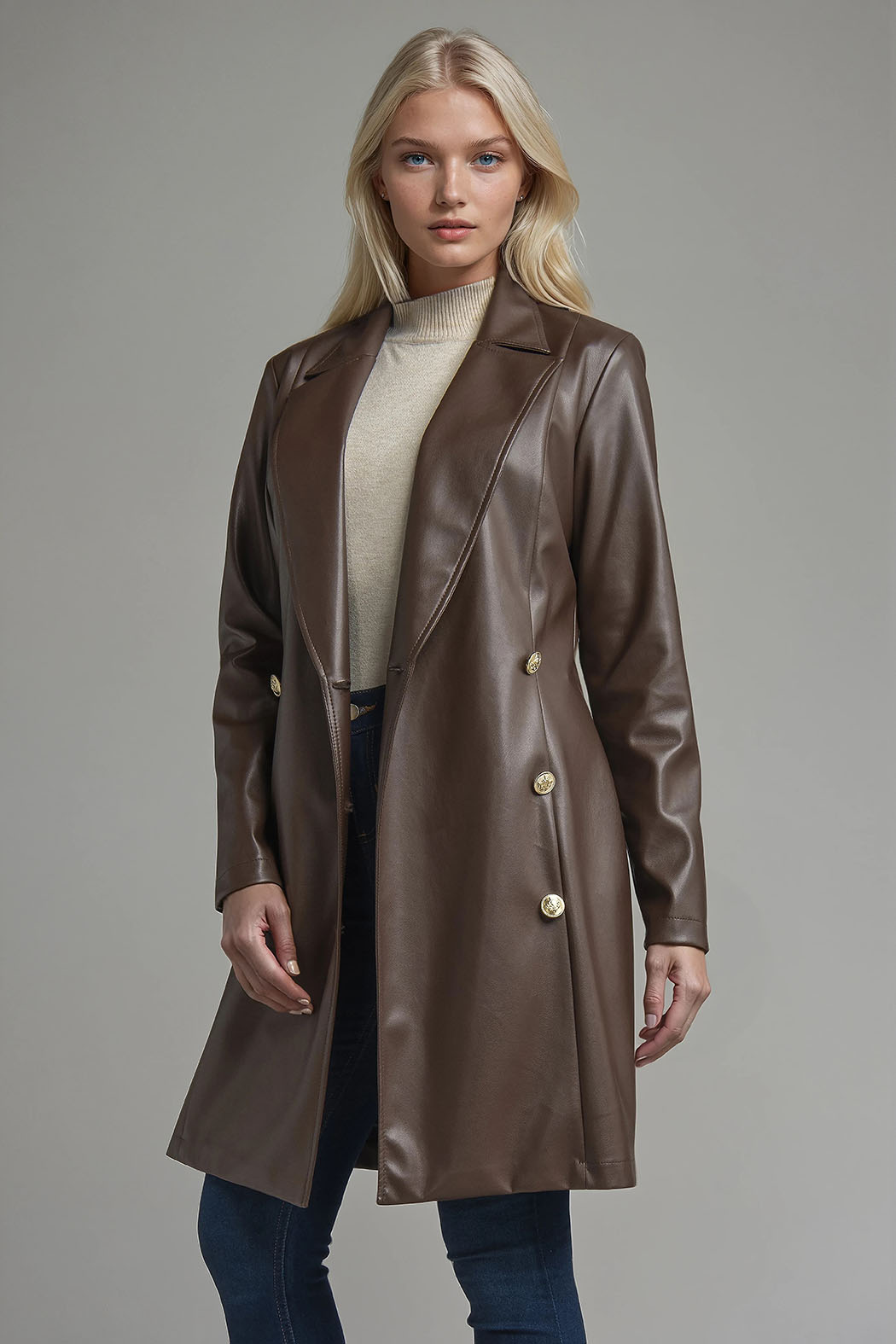 Gabardina De Piel Con Botones Cruzados
