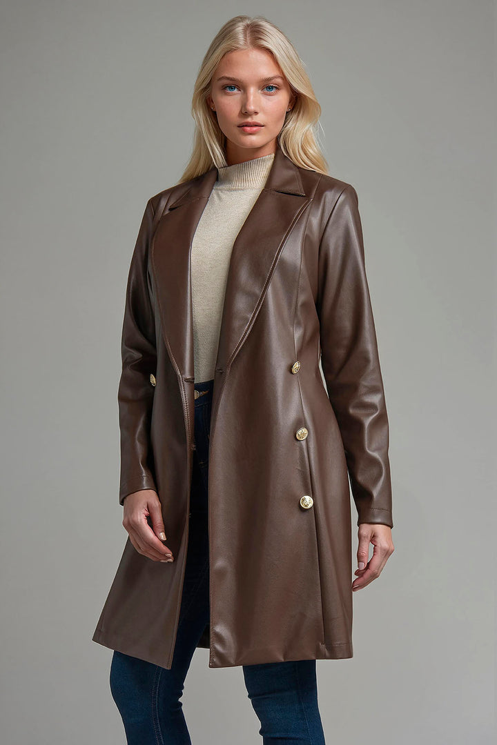 Gabardina De Piel Con Botones Cruzados