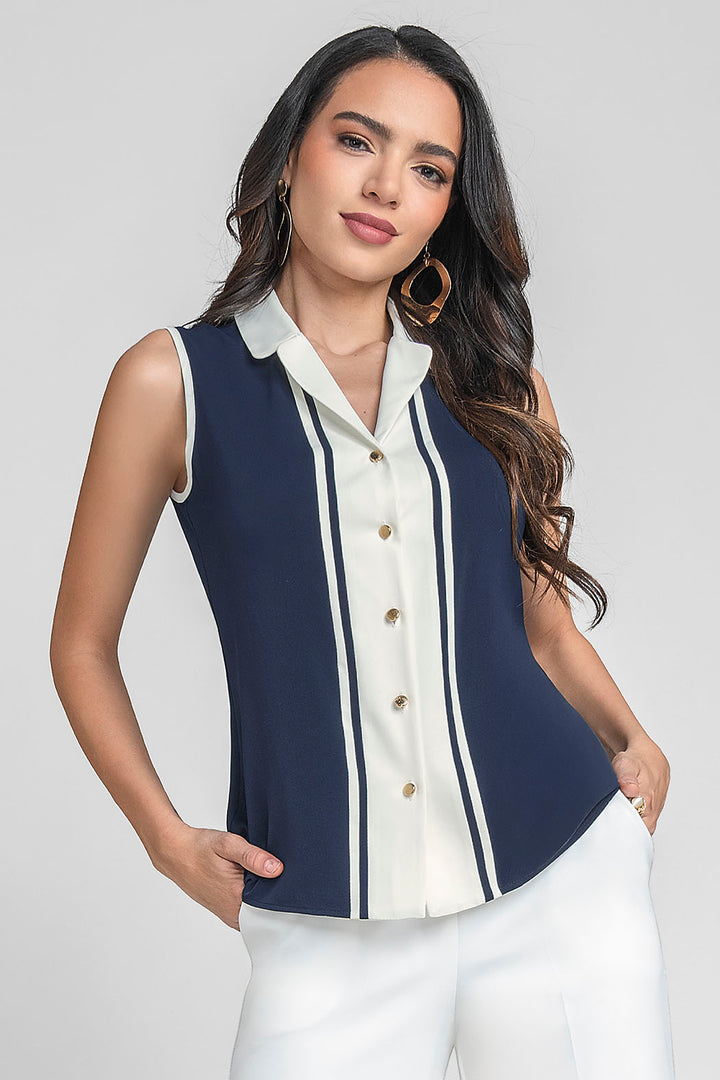 Blusa Sin Mangas Con Botones Y Cuello Camisero