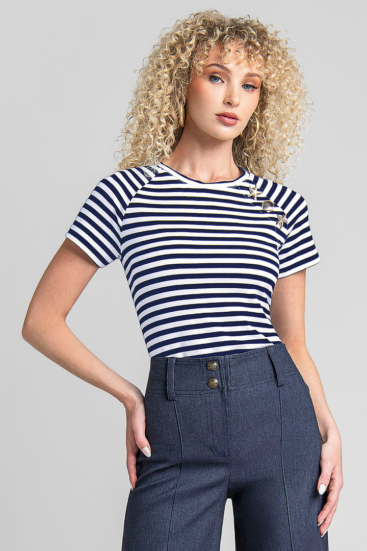 Blusa De Manga Corta Con Franjas
