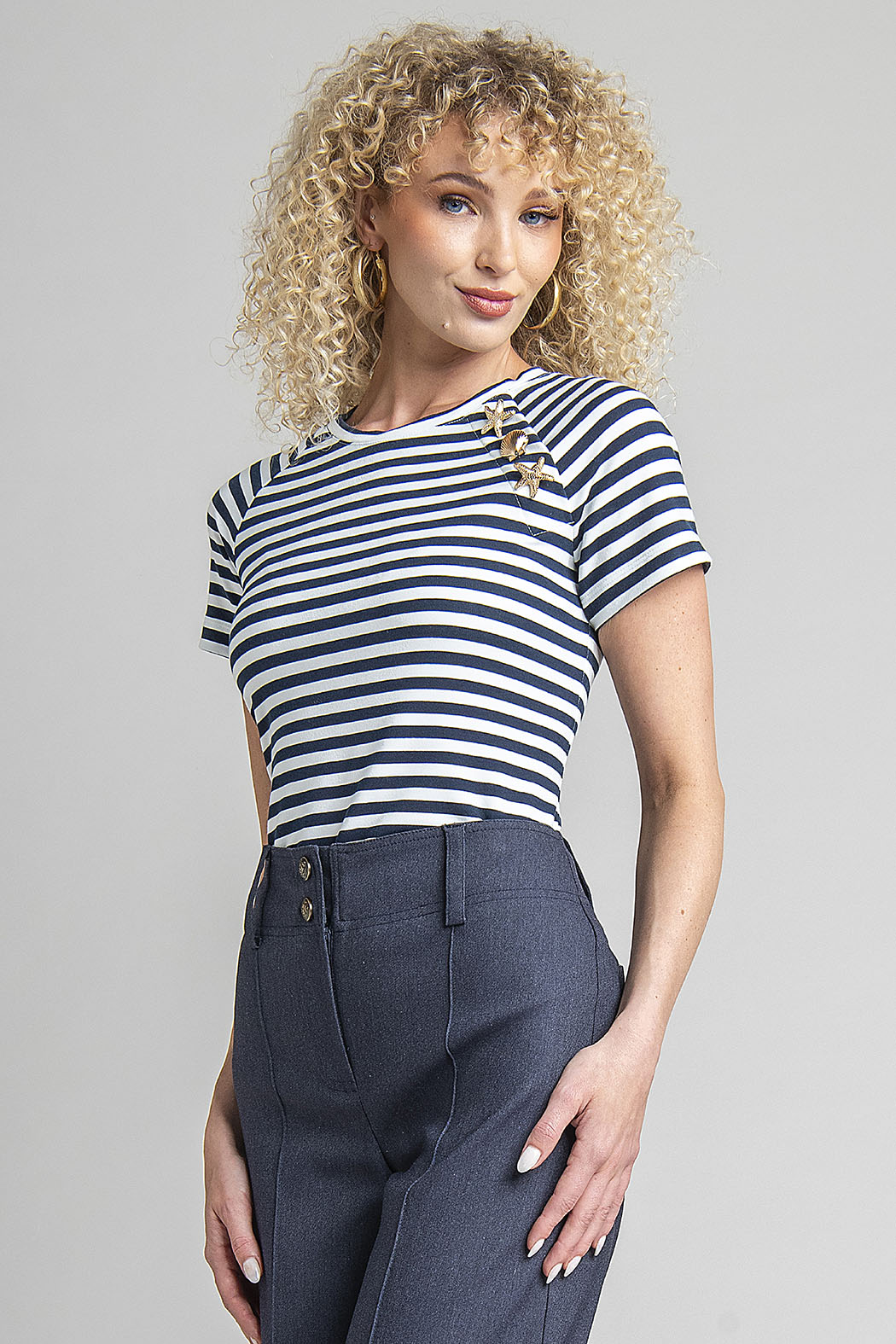 Blusa De Manga Corta Con Franjas
