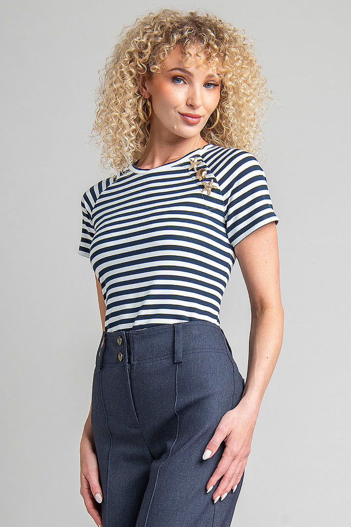 Blusa De Manga Corta Con Franjas