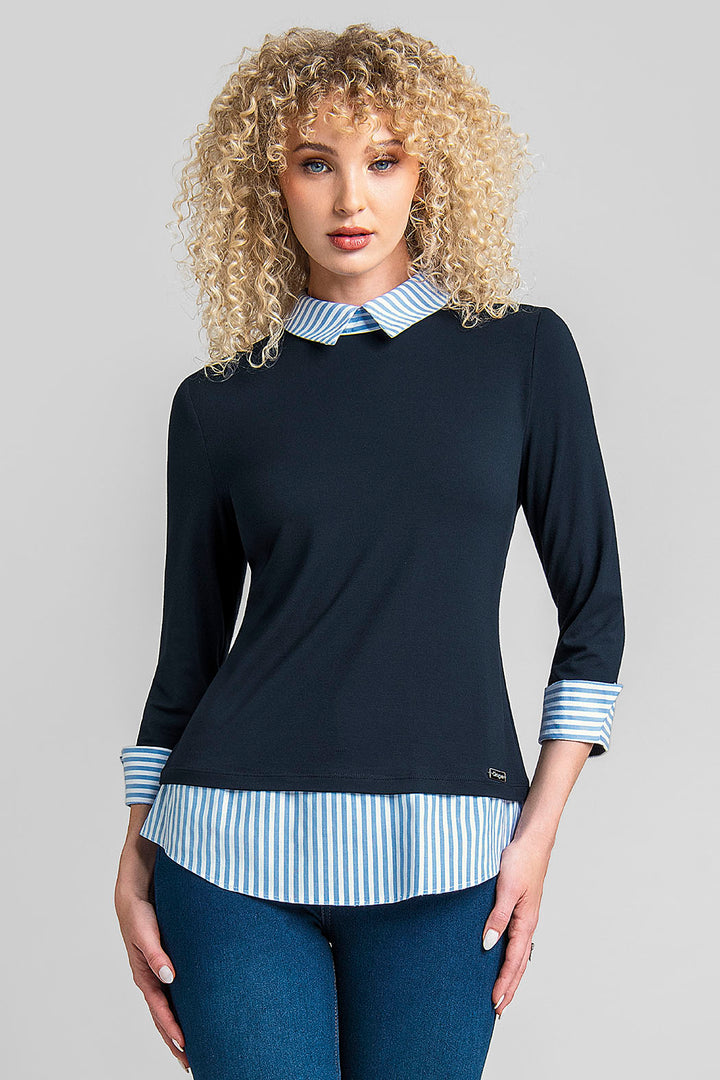 Blusa Con Rayas En Cuello, Puños Y Bajo