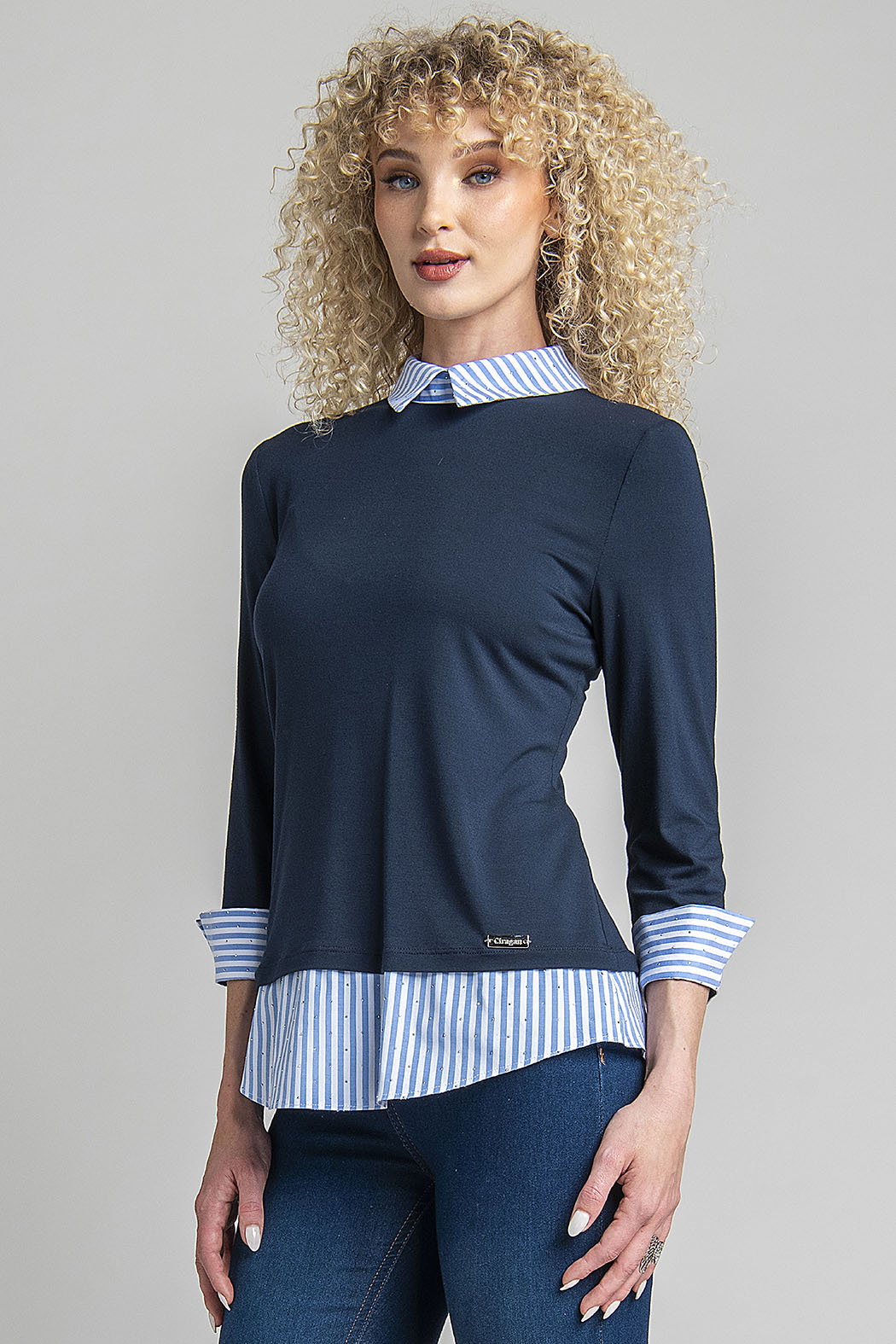Blusa Con Rayas En Cuello, Puños Y Bajo