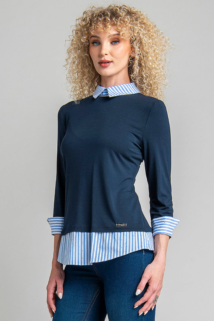 Blusa Con Rayas En Cuello, Puños Y Bajo