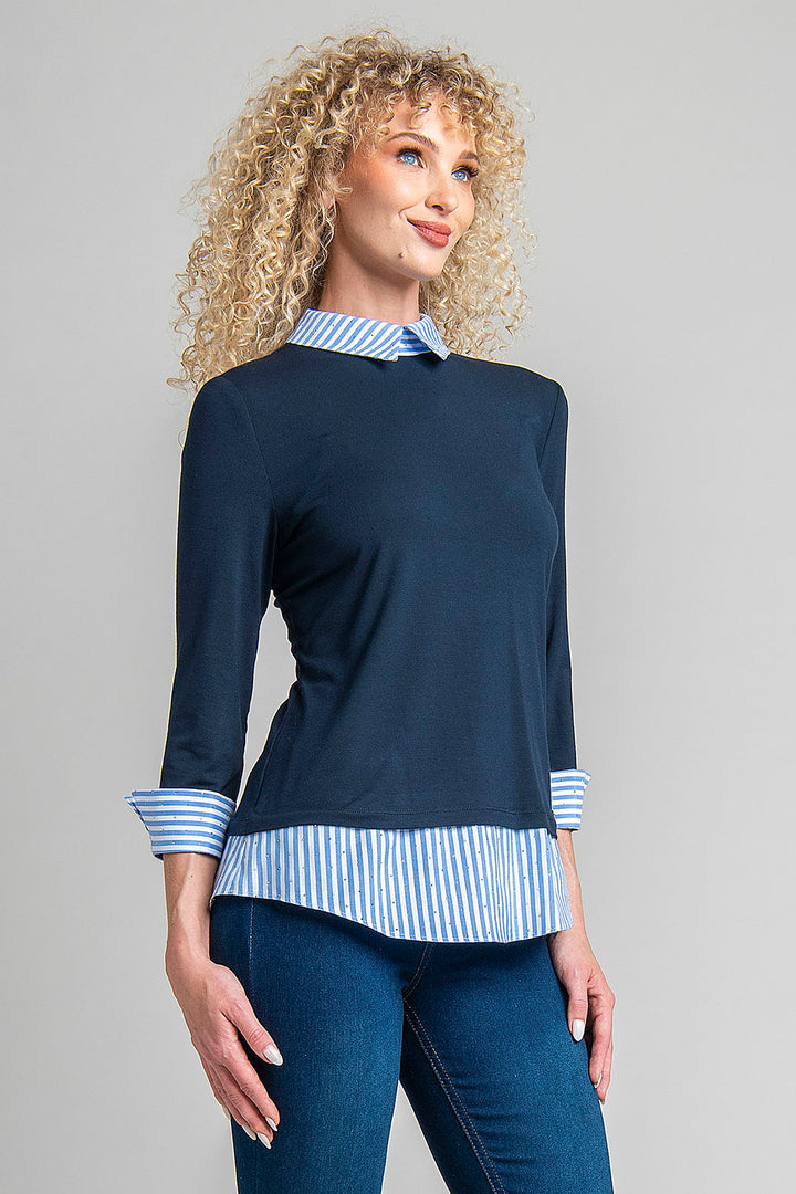 Blusa Con Rayas En Cuello, Puños Y Bajo