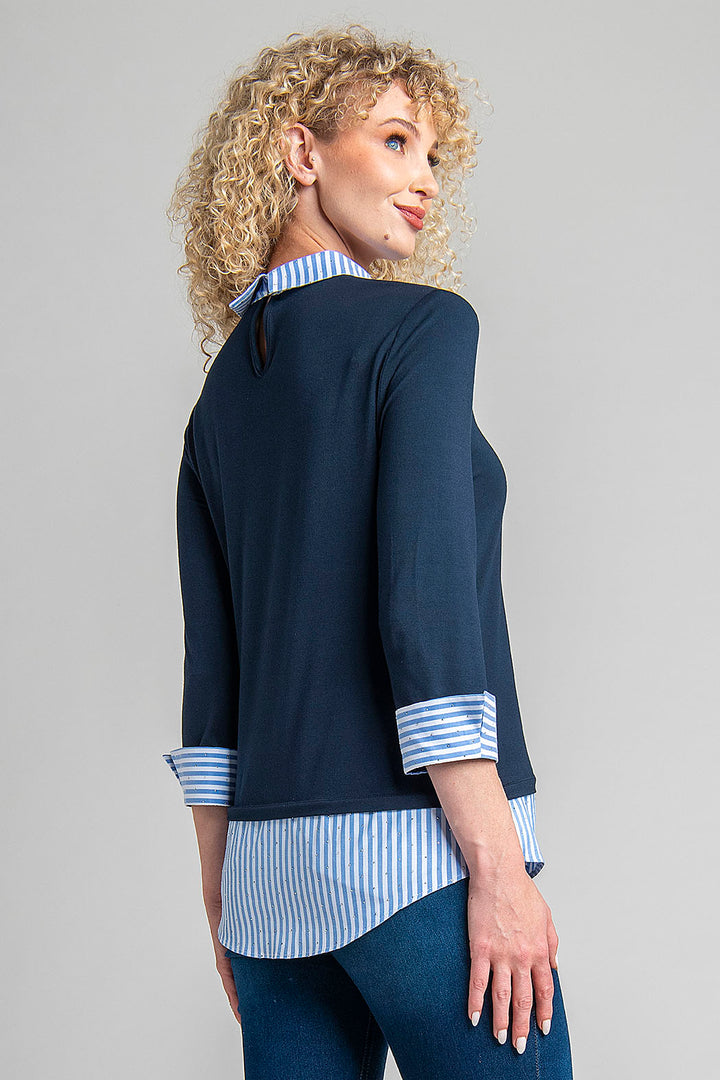 Blusa Con Rayas En Cuello, Puños Y Bajo