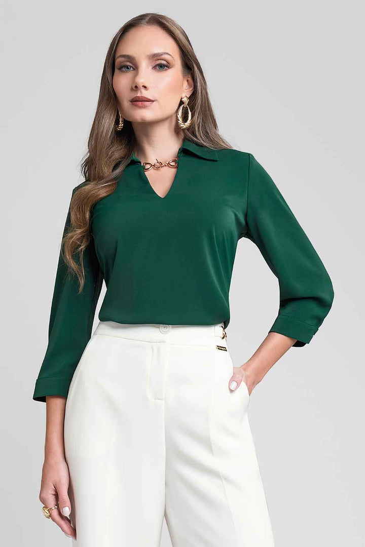 Blusa Lisa Con Cuello V Y Manga 3/4